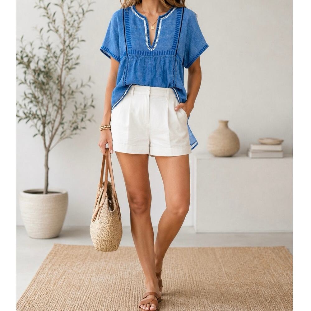 Vineyard Vines Chambray Blue Linen Blouse L Geometric Embroidery Boho Cottage